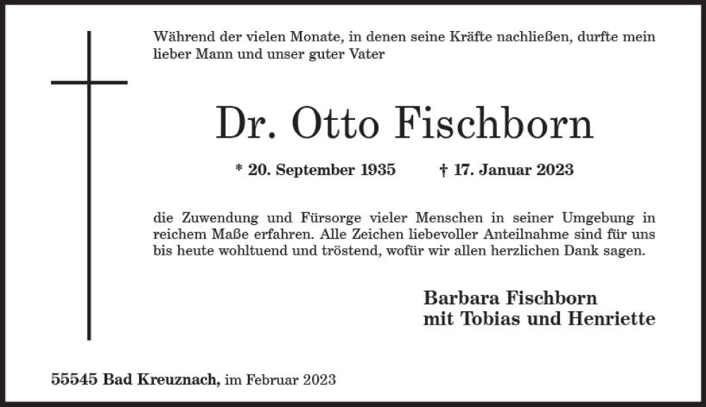  Traueranzeige für Otto Fischborn vom 18.02.2023 aus Allgemeine Zeitung Bad Kreuznach