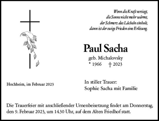 Traueranzeige von Paul Sacha von Hochheimer Zeitung