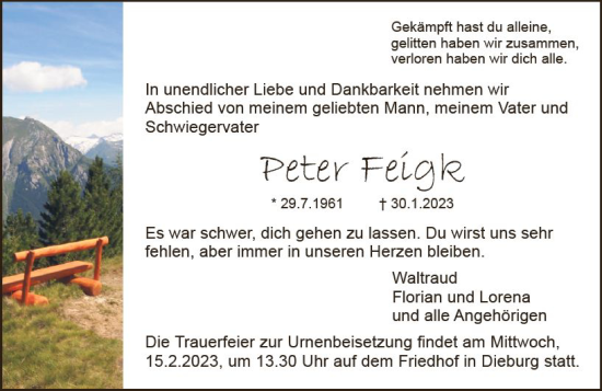 Traueranzeige von Peter Feigk von DieburgerAnzeiger/Groß-Zimmerner Lokalanzeiger