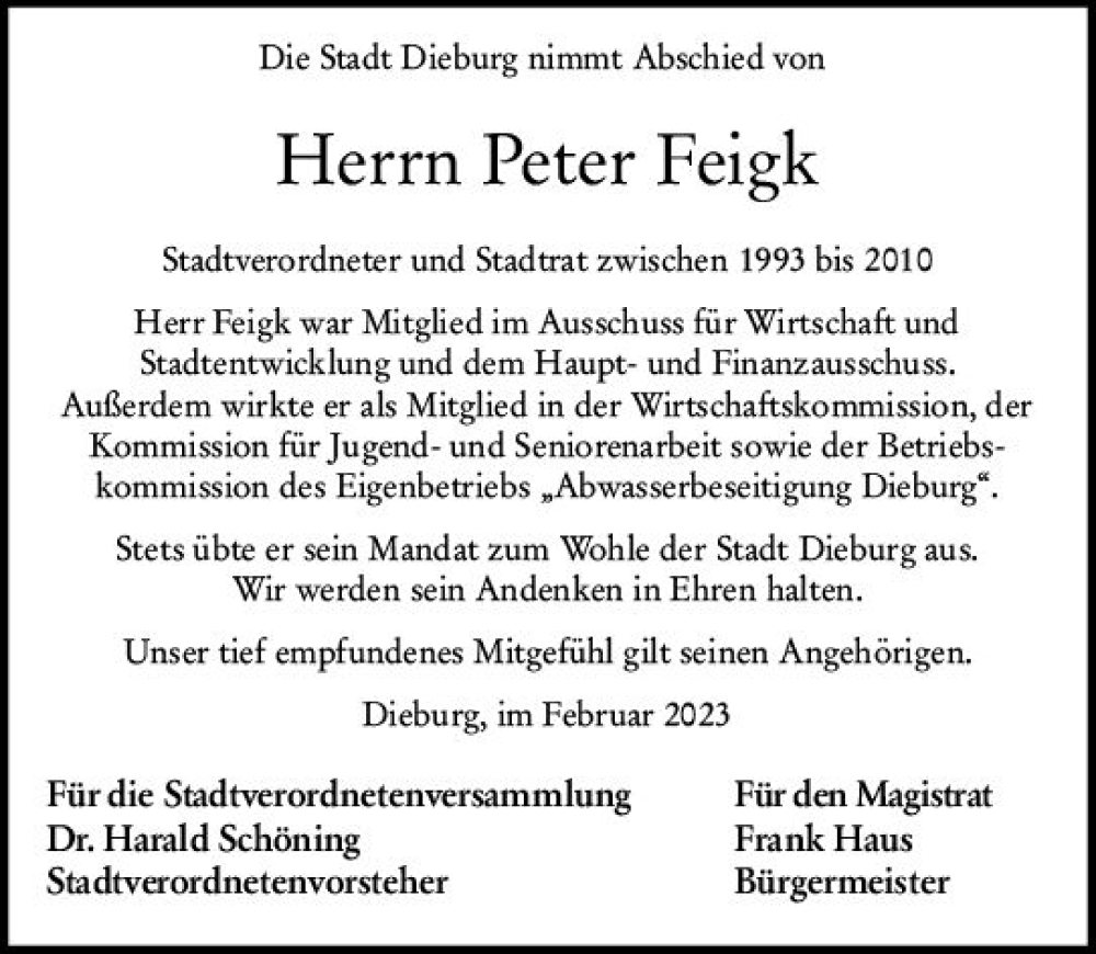  Traueranzeige für Peter Feigk vom 11.02.2023 aus DieburgerAnzeiger/Groß-Zimmerner Lokalanzeiger
