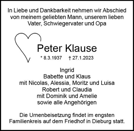 Traueranzeige von Peter Klause von DieburgerAnzeiger/Groß-Zimmerner Lokalanzeiger