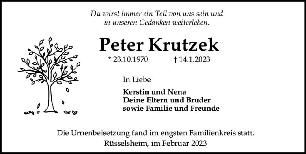  Traueranzeige für Peter Krutzek vom 04.02.2023 aus Rüsselsheimer Echo