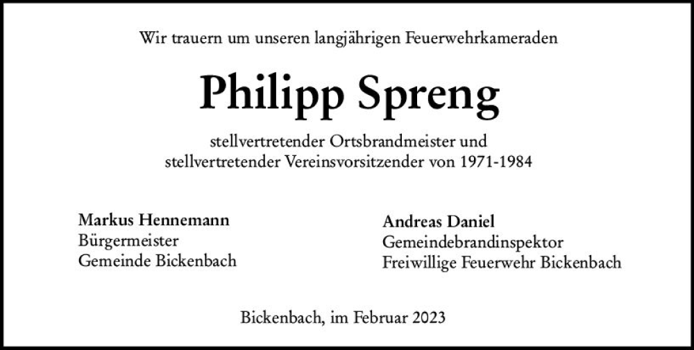  Traueranzeige für Philipp Spreng vom 08.02.2023 aus Darmstädter Echo