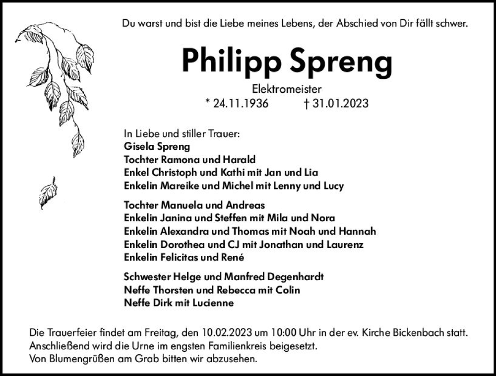  Traueranzeige für Philipp Spreng vom 04.02.2023 aus Darmstädter Echo