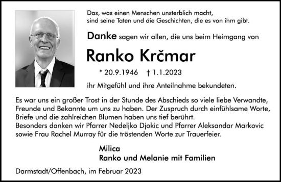 Traueranzeige von Ranko Krcmar von Darmstädter Echo