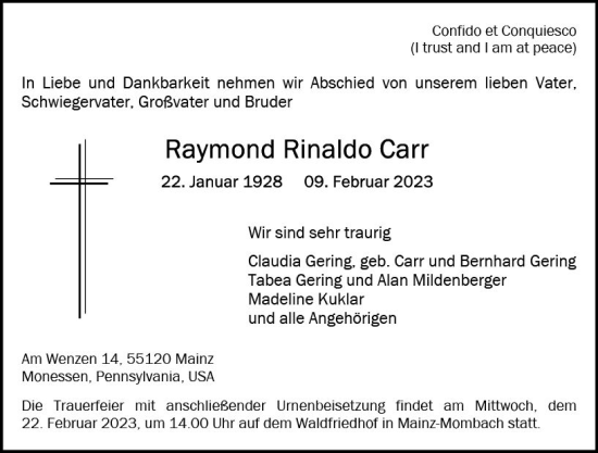 Traueranzeige von Raymond Rinaldo Carr von Allgemeine Zeitung Mainz
