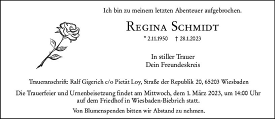 Traueranzeige von Regina Schmidt von Wiesbadener Kurier