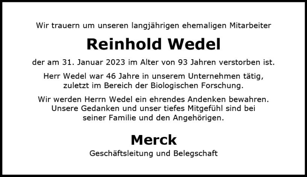  Traueranzeige für Reinhold Wedel vom 09.02.2023 aus Groß-Gerauer Echo