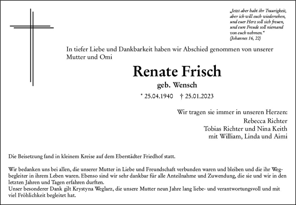  Traueranzeige für Renate Frisch vom 04.02.2023 aus Darmstädter Echo