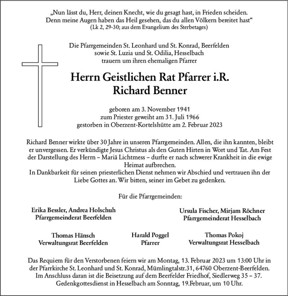  Traueranzeige für Richard Benner vom 10.02.2023 aus Odenwälder Echo