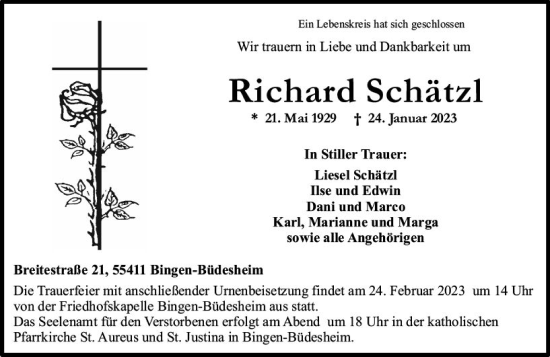 Traueranzeige von Richard Schätzl von Allgemeine Zeitung Ingelheim-Bingen