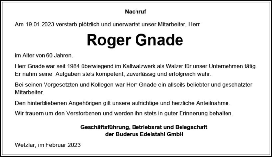 Traueranzeige von Roger Gnade von Wetzlarer Neue Zeitung