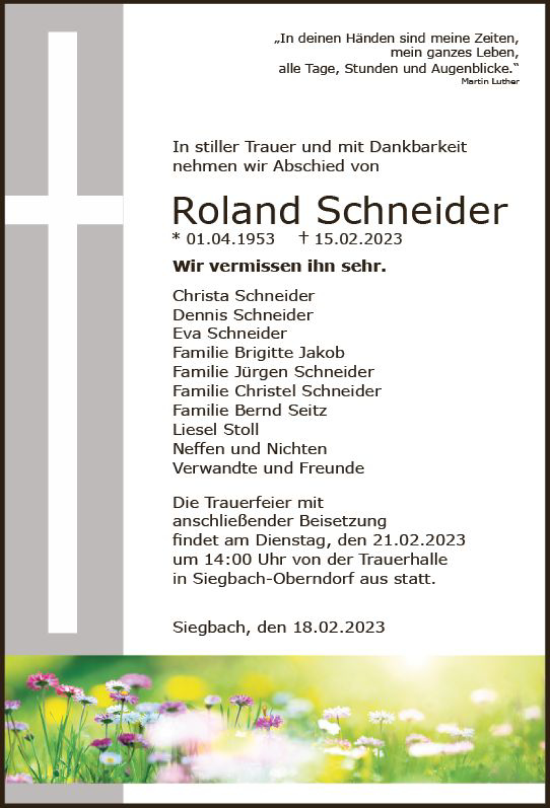 Traueranzeige von Roland Schneider von Dill Block