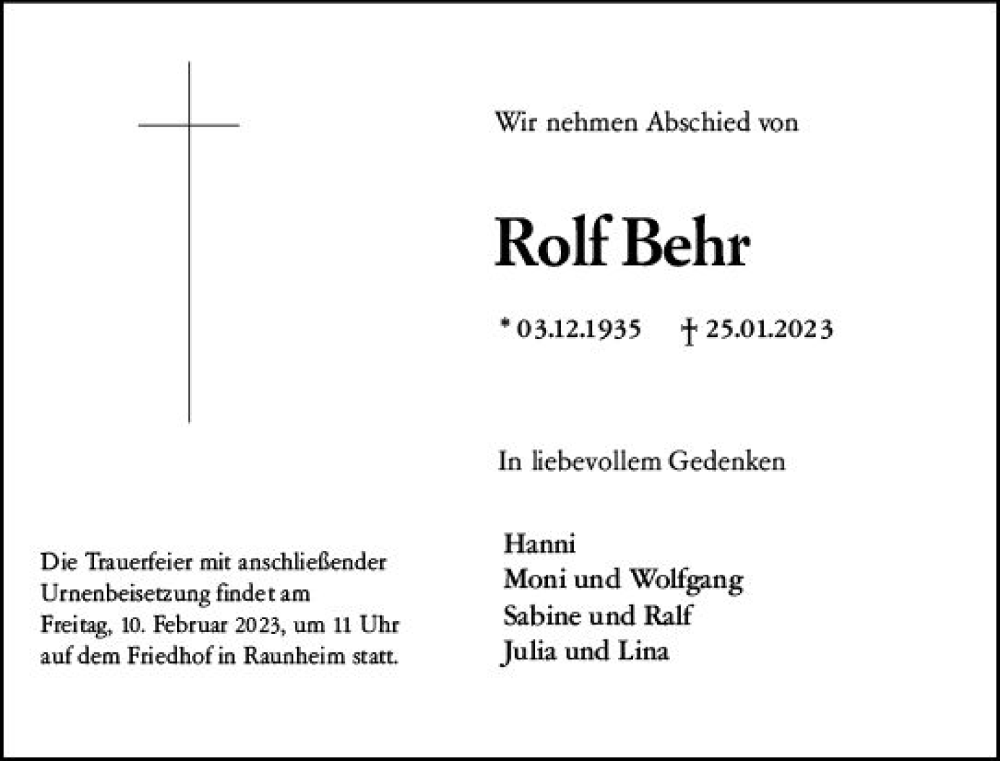  Traueranzeige für Rolf Behr vom 04.02.2023 aus Rüsselsheimer Echo