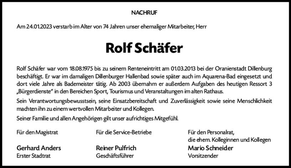  Traueranzeige für Rolf Schäfer vom 04.02.2023 aus Dill Block