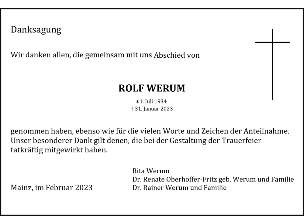  Traueranzeige für Rolf Werum vom 25.02.2023 aus Allgemeine Zeitung Mainz