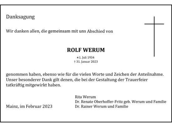Traueranzeige von Rolf Werum von Allgemeine Zeitung Mainz