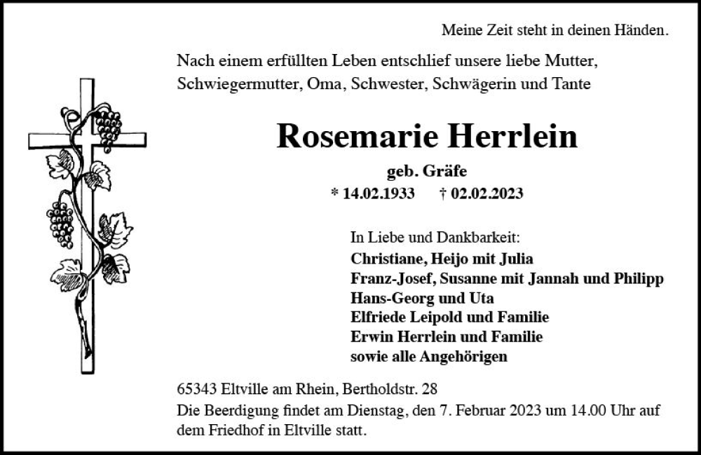  Traueranzeige für Rosemarie Herrlein vom 04.02.2023 aus Wiesbadener Kurier gesamt