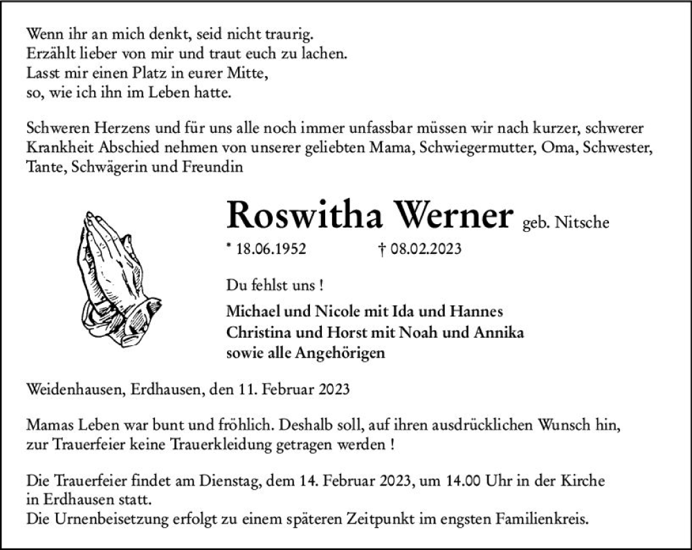  Traueranzeige für Roswitha Werner vom 11.02.2023 aus Hinterländer Anzeiger