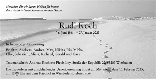 Traueranzeige von Rudi Koch von Wiesbadener Kurier gesamt