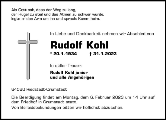 Traueranzeige von Rudolf Kohl von Groß-Gerauer Echo