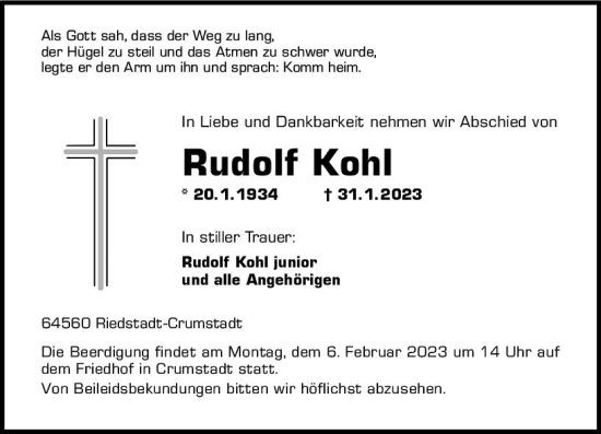 Traueranzeigen von Rudolf Kohl | www.vrm-trauer.de