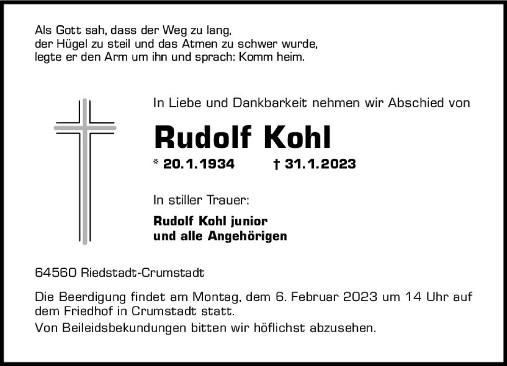  Traueranzeige für Rudolf Kohl vom 04.02.2023 aus Groß-Gerauer Echo