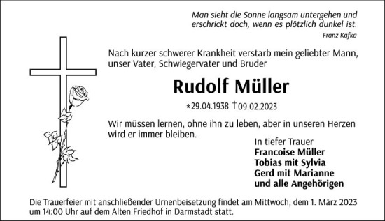 Traueranzeige von Rudolf Müller von Darmstädter Echo