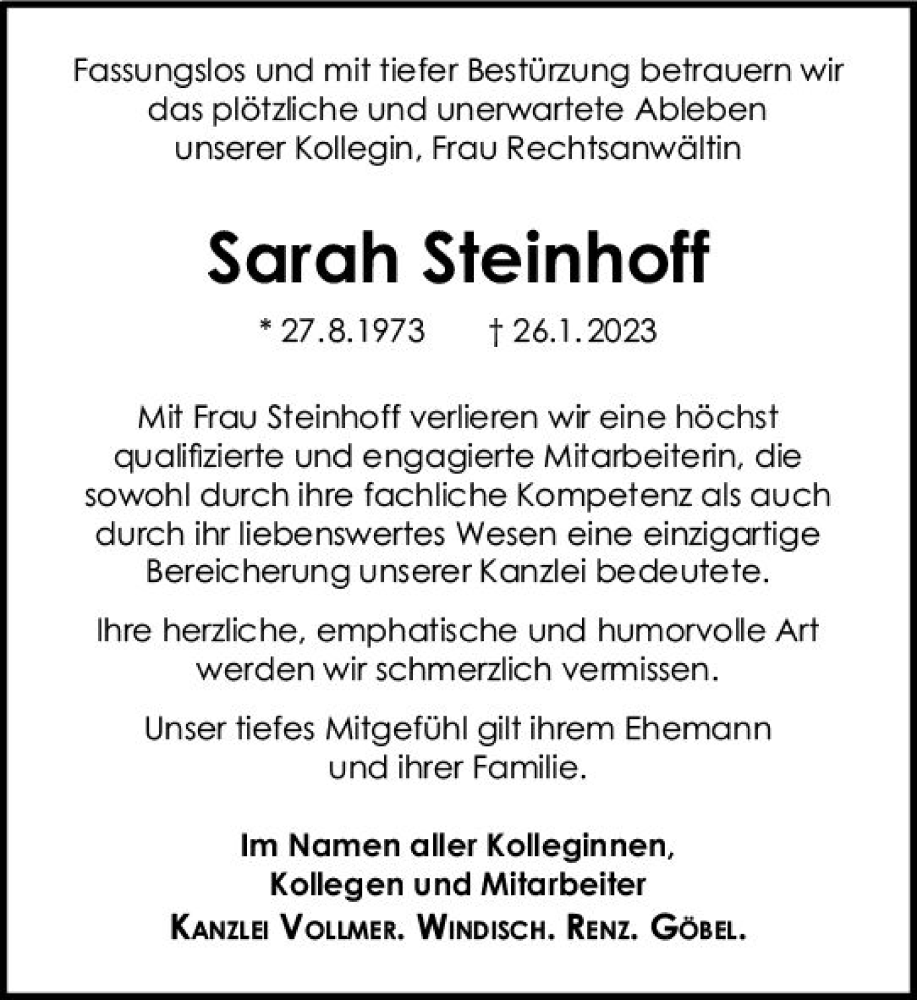  Traueranzeige für Sarah Steinhoff vom 02.02.2023 aus Allgemeine Zeitung Mainz