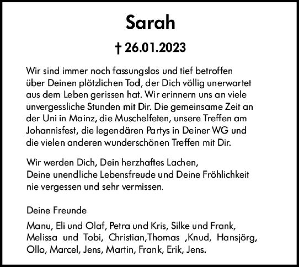  Traueranzeige für Sarah Steinhoff vom 04.02.2023 aus Allgemeine Zeitung Mainz