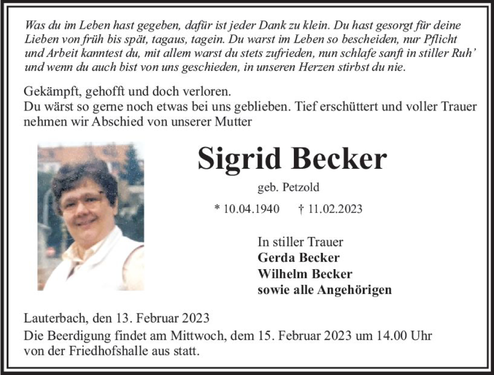  Traueranzeige für Sigrid Becker vom 13.02.2023 aus Lauterbacher Anzeiger