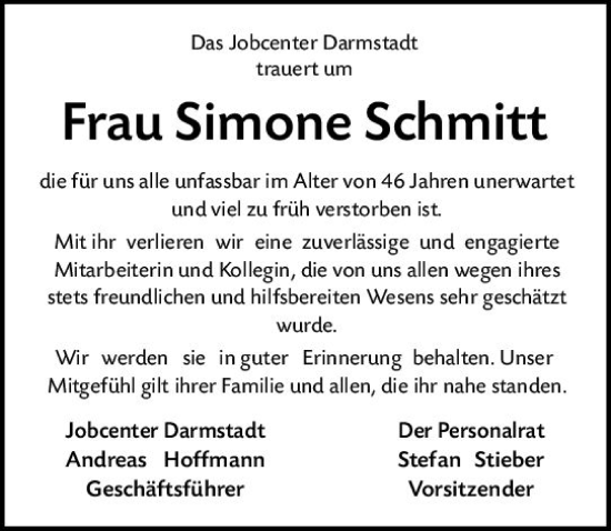 Traueranzeige von Simone Schmitt von Bergsträßer Anzeiger