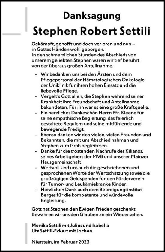 Traueranzeige von Stephen Robert Settili von Allgemeine Zeitung Mainz
