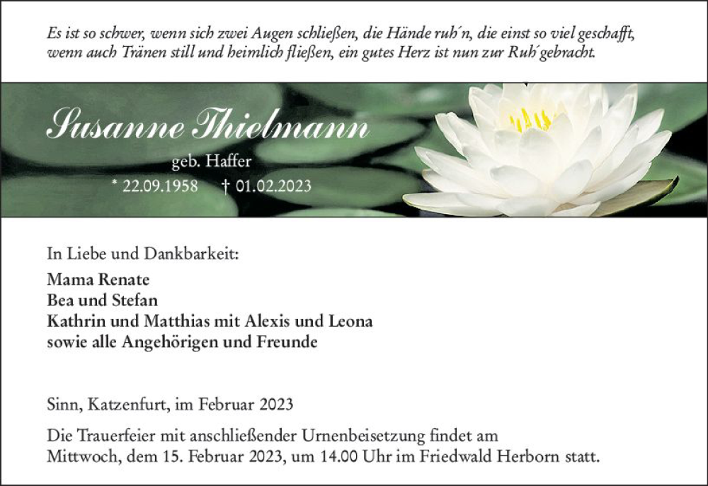  Traueranzeige für Susanne Thielmann vom 08.02.2023 aus Dill Block
