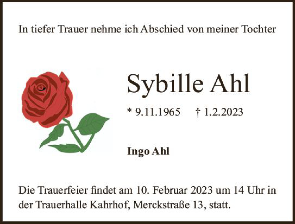  Traueranzeige für Sybille Ahl vom 08.02.2023 aus Darmstädter Echo