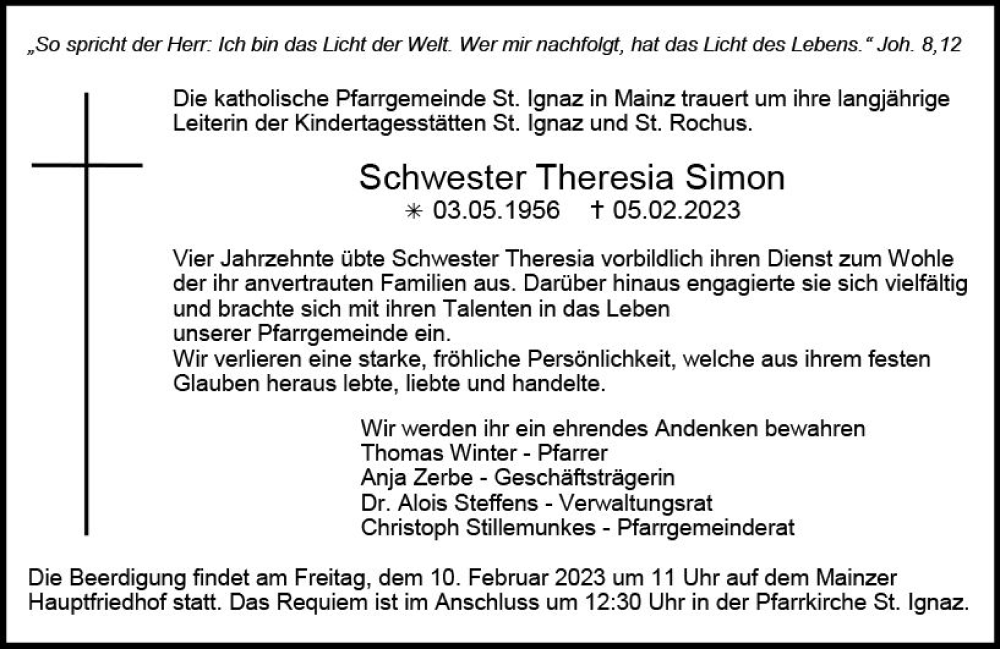  Traueranzeige für Theresia Simon vom 08.02.2023 aus Allgemeine Zeitung Mainz