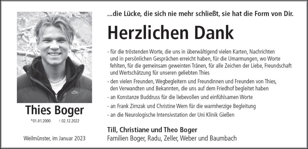 Traueranzeige für Thies Boger vom 04.02.2023 aus Weilburger Tageblatt