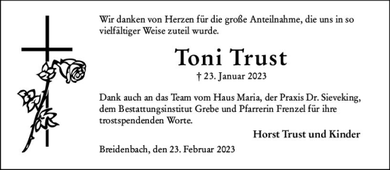Traueranzeige von Toni Trust von Hinterländer Anzeiger