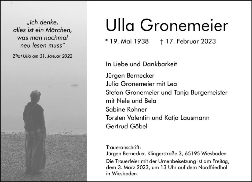  Traueranzeige für Ulla Gronemeier vom 25.02.2023 aus Wiesbadener Kurier