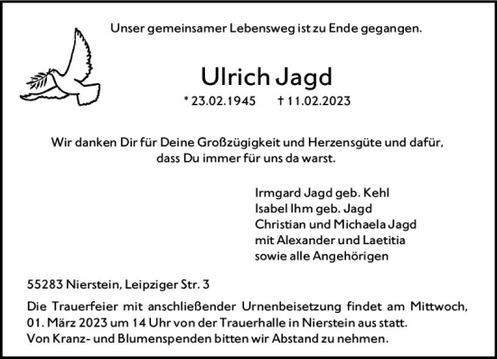 Traueranzeige von Ulrich Jagd von Allgemeine Zeitung Mainz