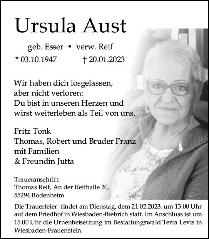  Traueranzeige für Ursula Aust vom 04.02.2023 aus Wiesbadener Kurier gesamt
