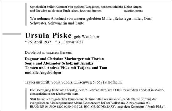 Traueranzeige von Ursula Piske von Allgemeine Zeitung Mainz