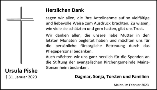 Traueranzeige von Ursula Piske von Allgemeine Zeitung Mainz