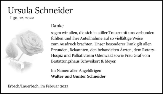 Traueranzeige von Ursula Schneider von Odenwälder Echo