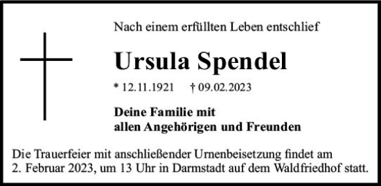 Traueranzeige von Ursula Spendel von Darmstädter Echo