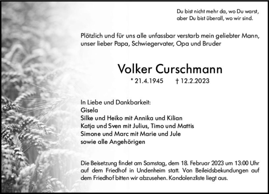 Traueranzeige von Volker Curschmann von Allgemeine Zeitung Mainz