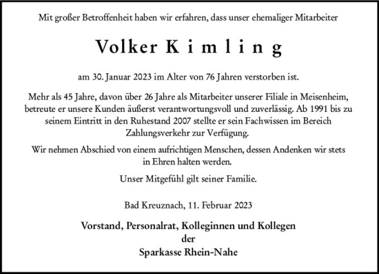 Traueranzeige von Volker Kimling von Allgemeine Zeitung Bad Kreuznach