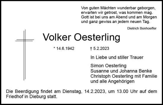 Traueranzeige von Volker Oesterling von DieburgerAnzeiger/Groß-Zimmerner Lokalanzeiger