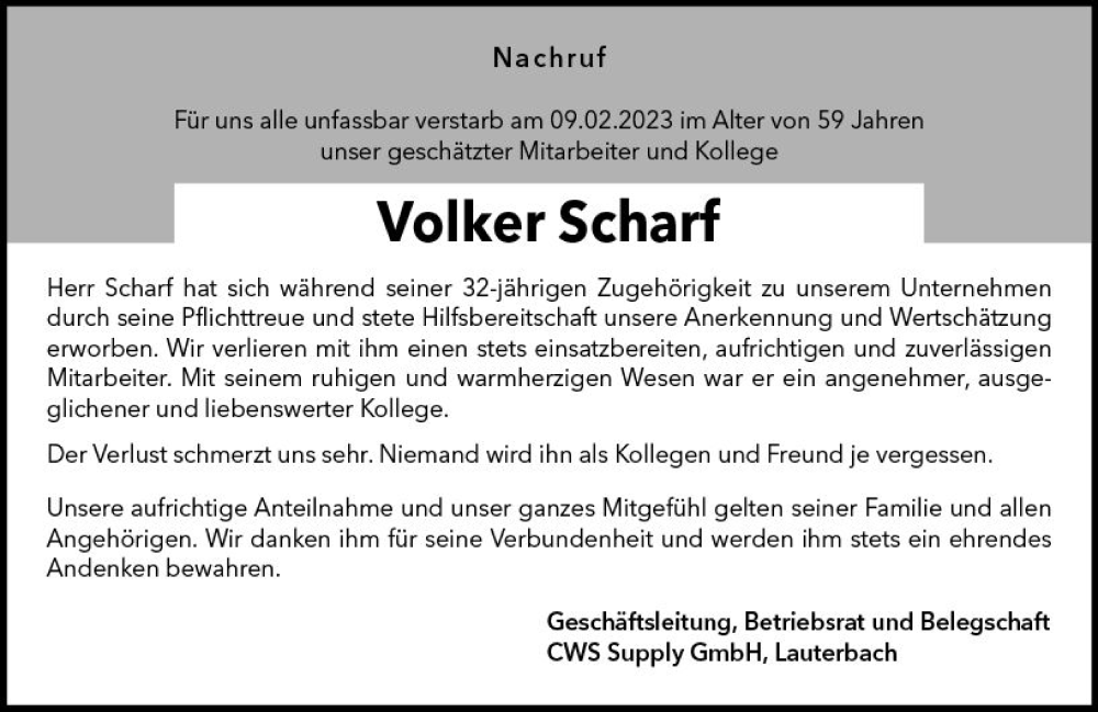  Traueranzeige für Volker Scharf vom 17.02.2023 aus VRM Trauer