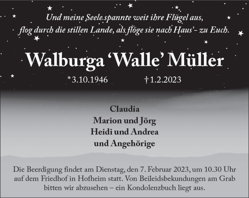  Traueranzeige für Walburga Müller vom 04.02.2023 aus Starkenburger Echo